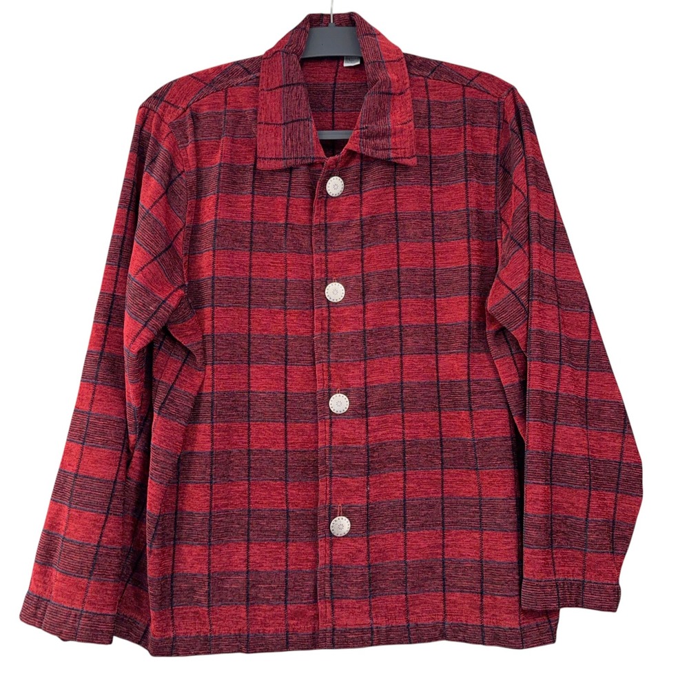 Chico's Design Jacket Womens 2 Large Viscose Blend Red Black Plaid Button Front